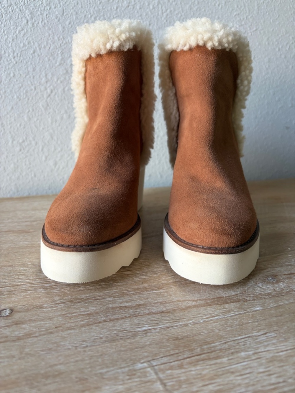 COACH Kingston Tan Suede Wedge Boot with Shearling Trim - Picture 3 of 13